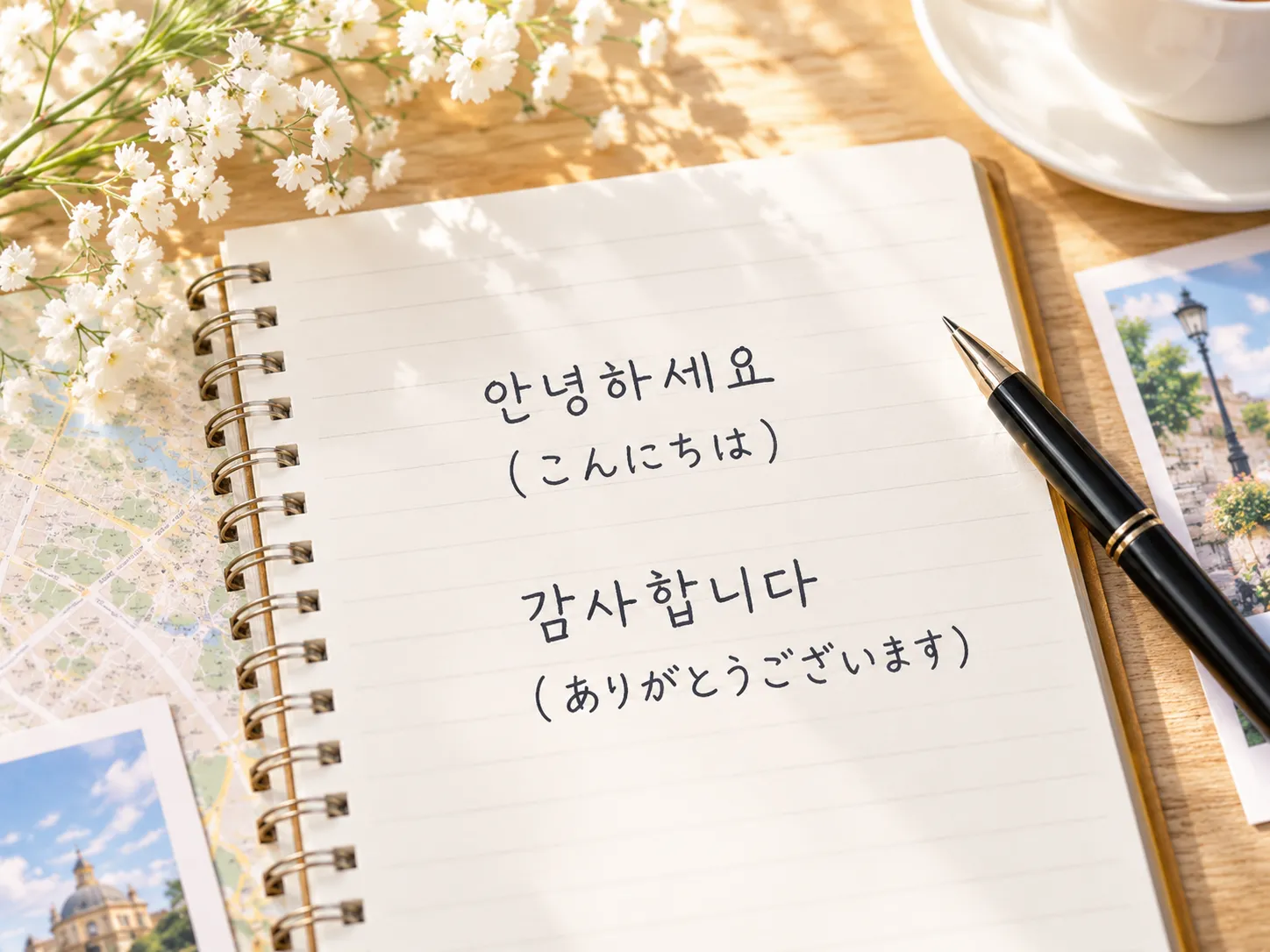 韓国語と日本語のあいさつを書いた旅ノート
