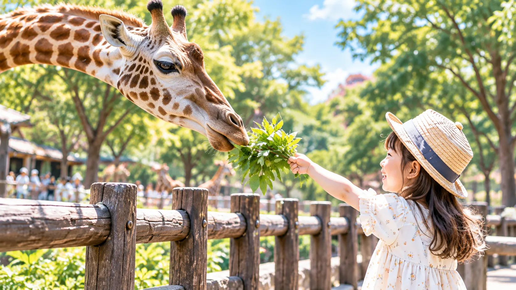 キリンに葉をあげる子ども