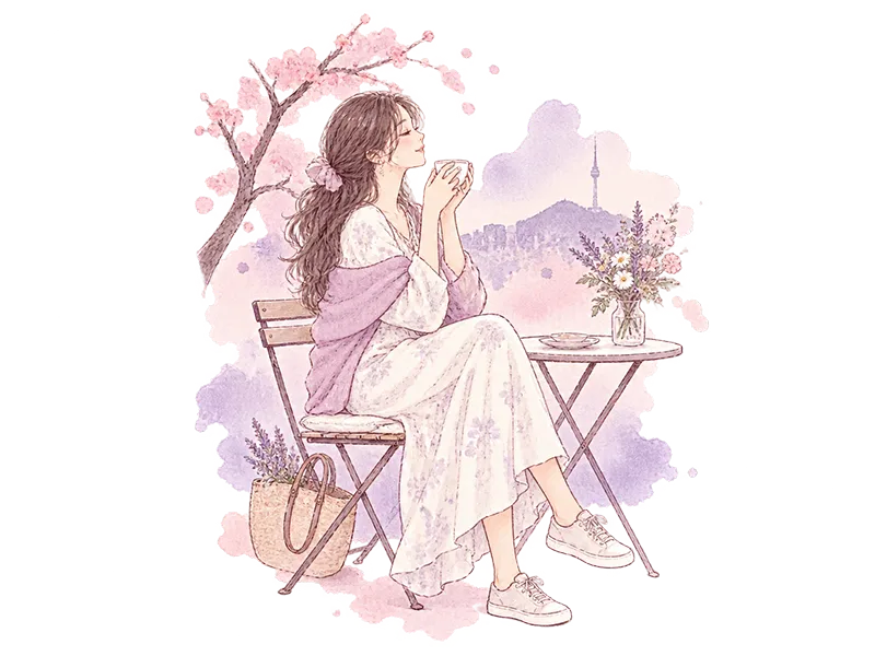 女性ひとり旅をイメージした水彩イラスト