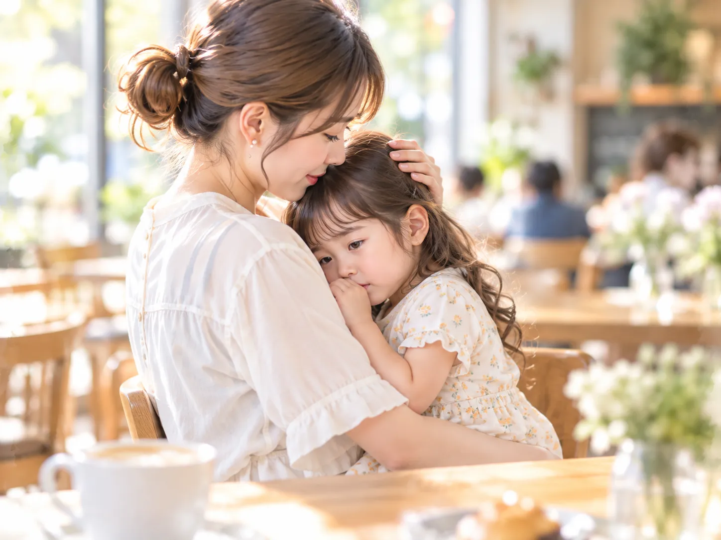 カフェで子どもに寄り添う母親
