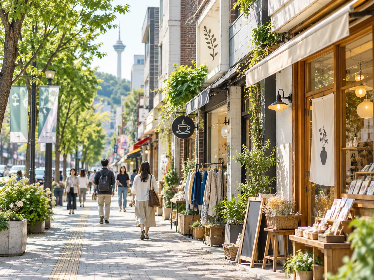 緑豊かな大邱の商店街を歩く人々