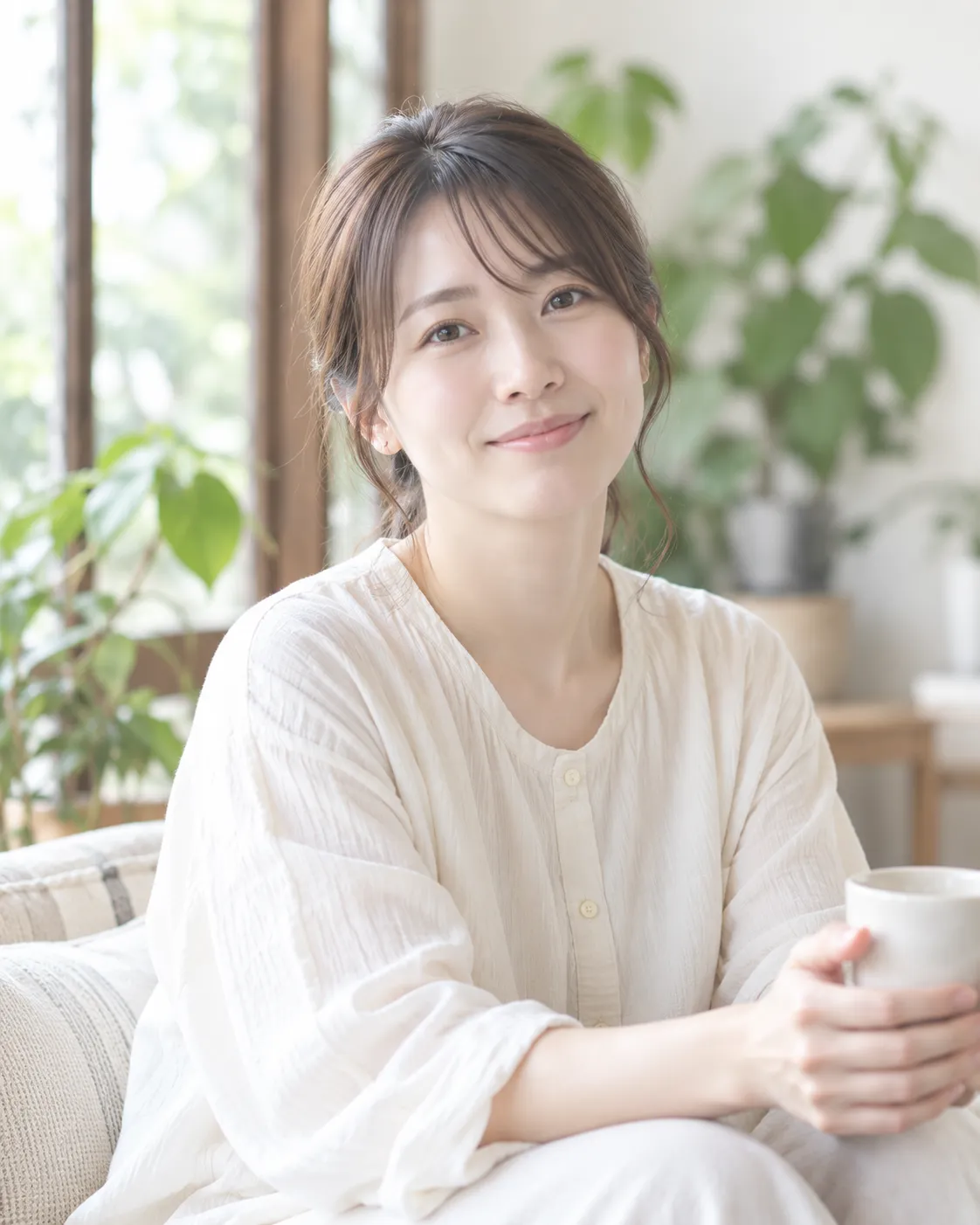 窓辺でティータイムを過ごす女性